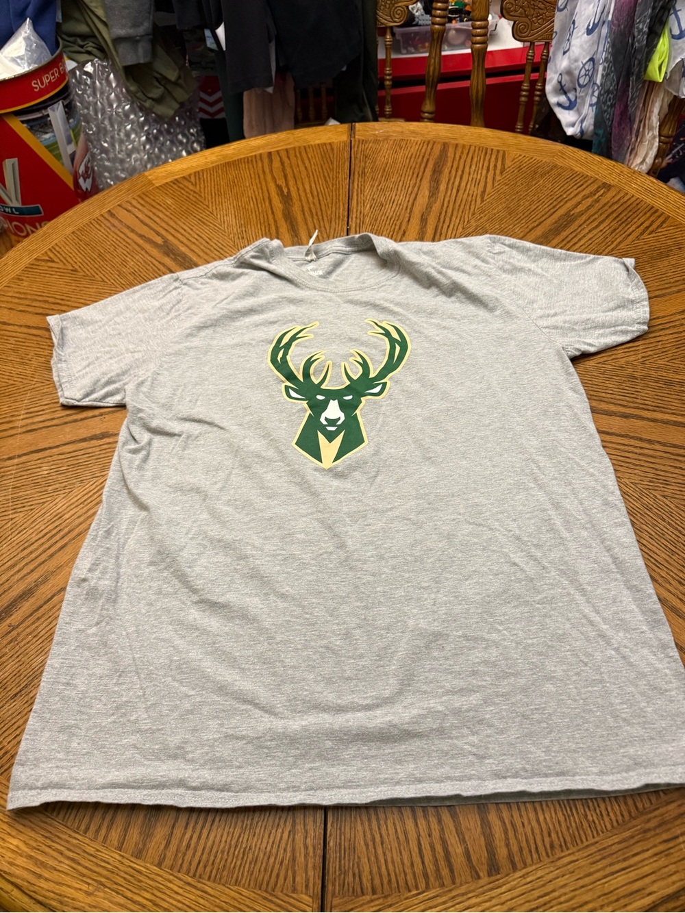 Fanatics Milwaukee Bucks Gray Tee with Green & Gold Deer Logo